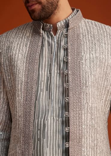 Grey Textured Jacket With Striped Kurta Set