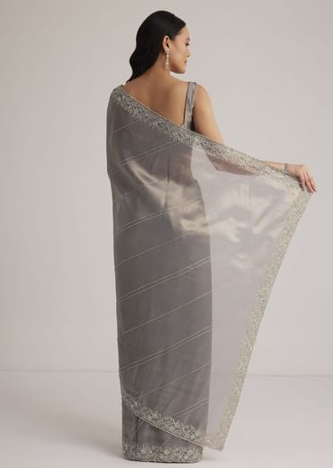 Grey Tissue Embroidered Saree