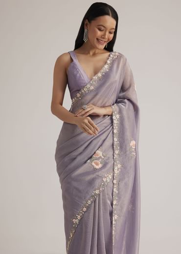 Grey Tissue Saree Floral Embroidery