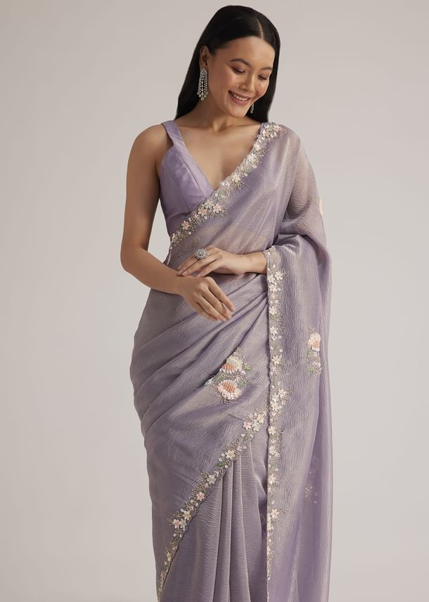 Grey Tissue Saree Floral Embroidery
