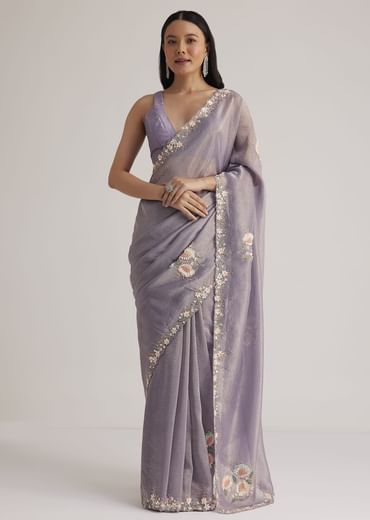 Grey Tissue Saree Floral Embroidery