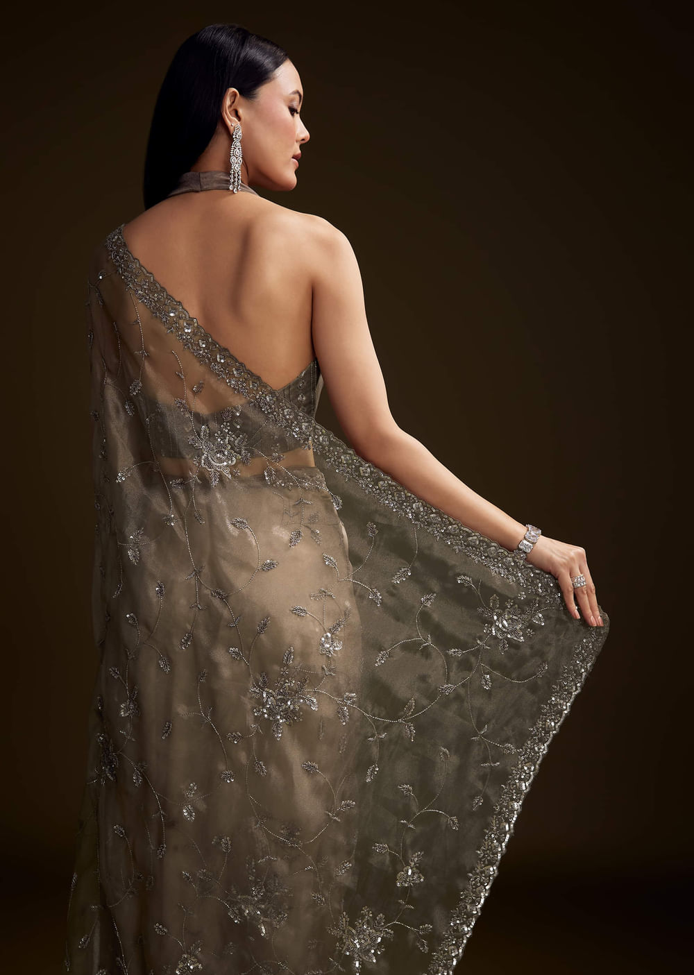 Grey Tissue Saree With Floral Jaal And Sequin Embroidery