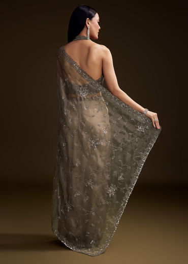 Grey Tissue Saree With Floral Jaal And Sequin Embroidery