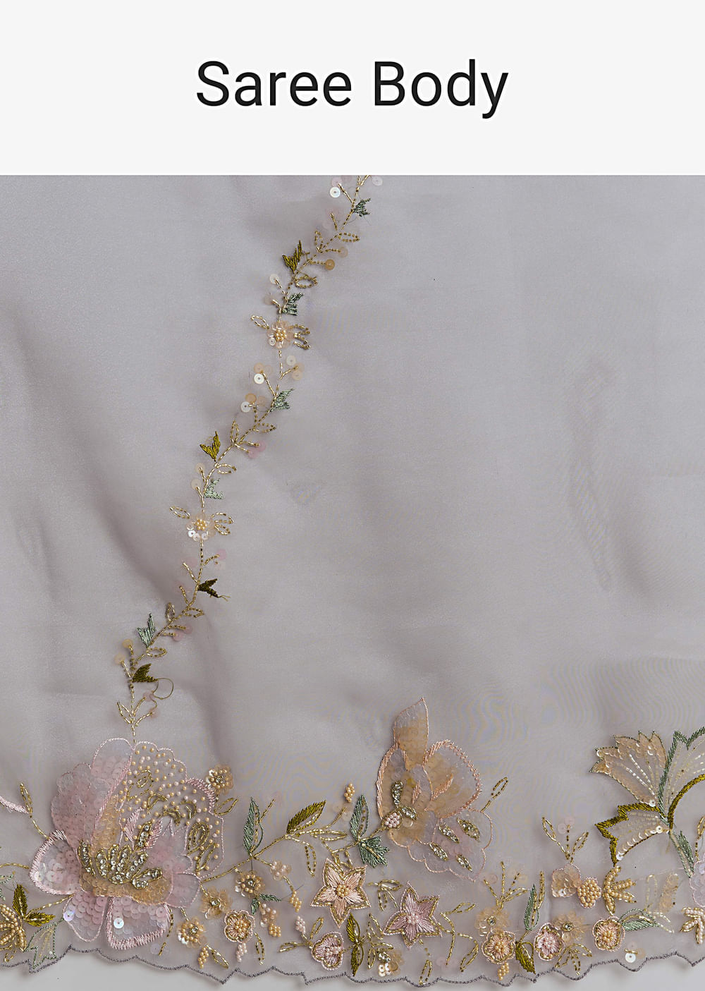 Grey Tissue Saree With Resham And Moti Embroidery