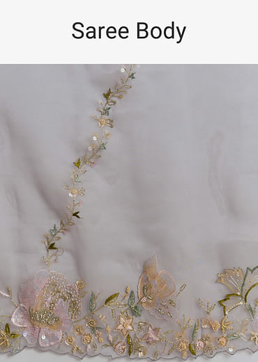 Grey Tissue Saree With Resham And Moti Embroidery
