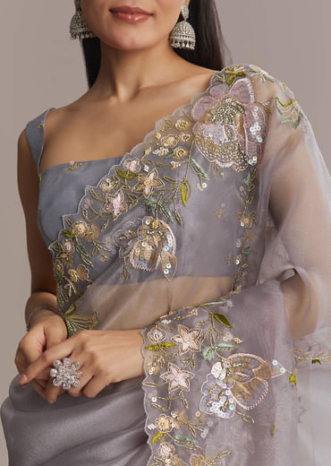 Grey Tissue Saree With Resham And Moti Embroidery