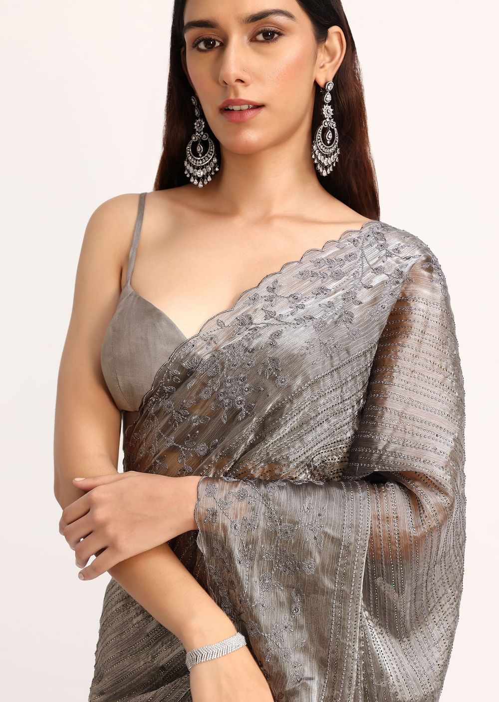 Grey Tissue Saree With Thread And Stone Embroidery And Unstitched Blouse