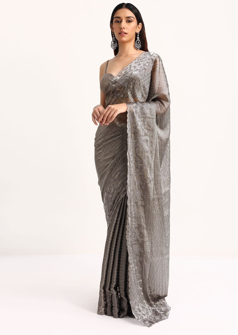 Grey Tissue Saree With Thread And Stone Embroidery And Unstitched Blouse