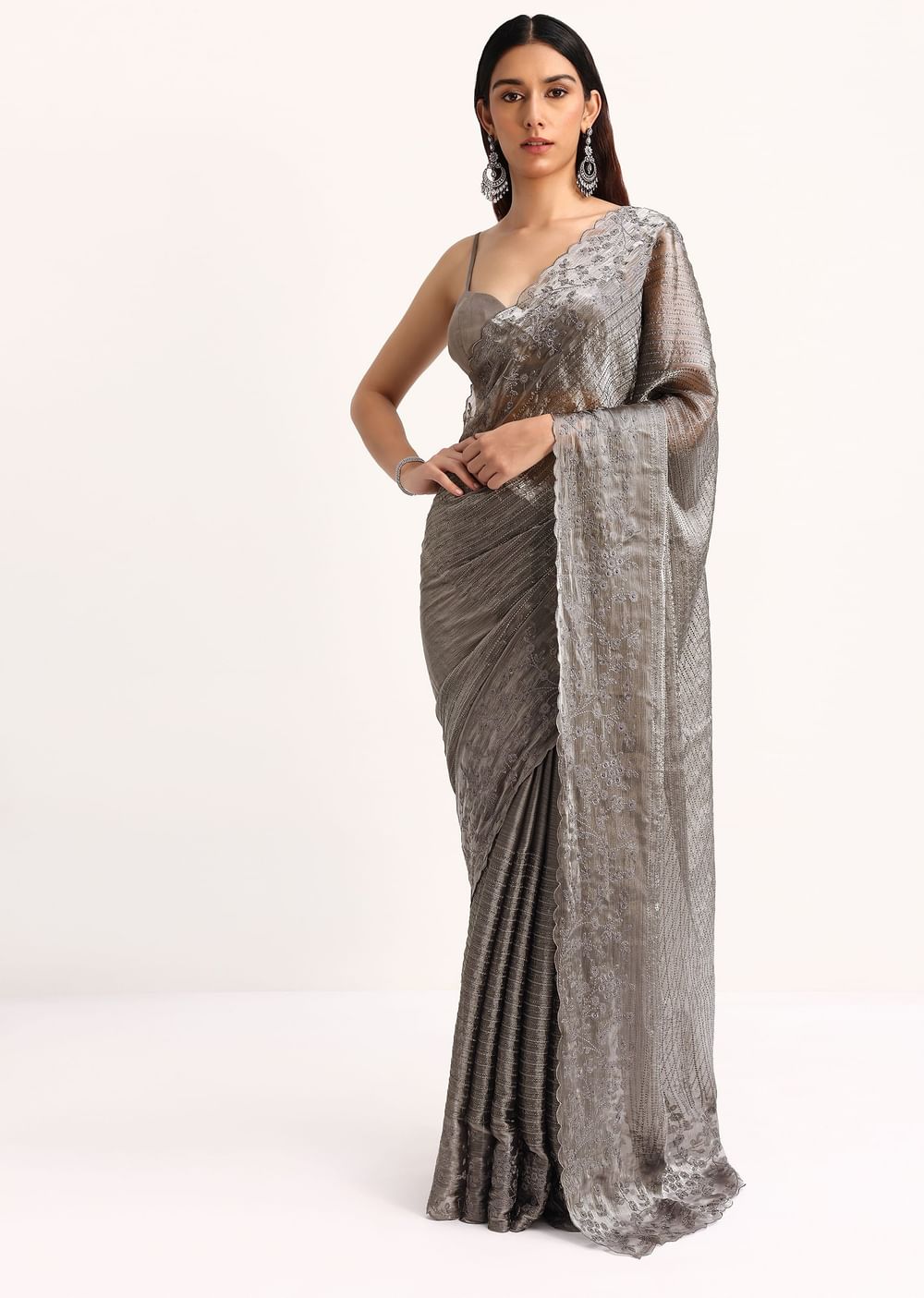 Grey Tissue Saree With Thread And Stone Embroidery And Unstitched Blouse