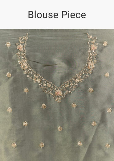 Greyish Blue Tissue Saree With French Knot Resham Embroidery