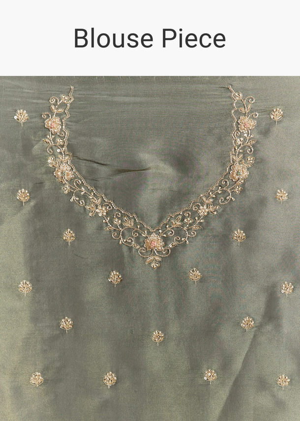 Greyish Blue Tissue Saree With French Knot Resham Embroidery