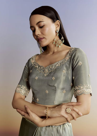 Greyish Blue Tissue Saree With French Knot Resham Embroidery