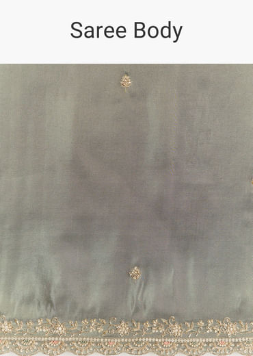 Greyish Blue Tissue Saree With French Knot Resham Embroidery