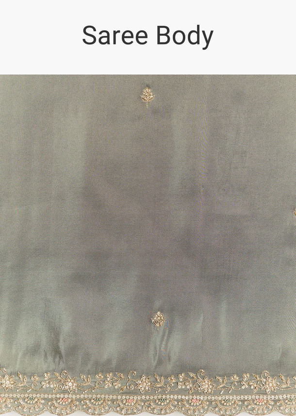 Greyish Blue Tissue Saree With French Knot Resham Embroidery