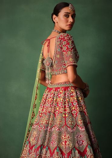 Hand Embroidered Multicolour Thread Work Red Bridal Lehenga Set With Dupatta