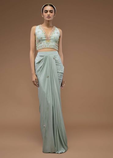Harbor Grey-Green Mermaid Skirt And A Crop Top Set In 3D Cut Dana Motifs Embroidery, Paired With A Crop Top With A Plunging V Neckline