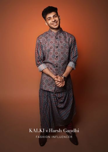 Maroon Nehru Jacket And Kurta Set In Ajrak And Chevron Print, Matching Print Kurta In Full Sleeves