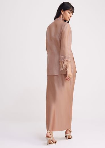 Hazelnut Beige Crop Top And Skirt With Embroidered Jacket