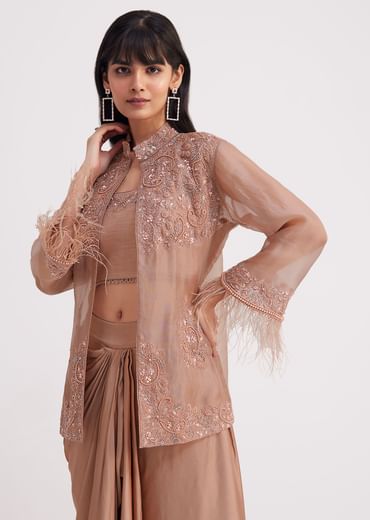 Hazelnut Beige Crop Top And Skirt With Embroidered Jacket