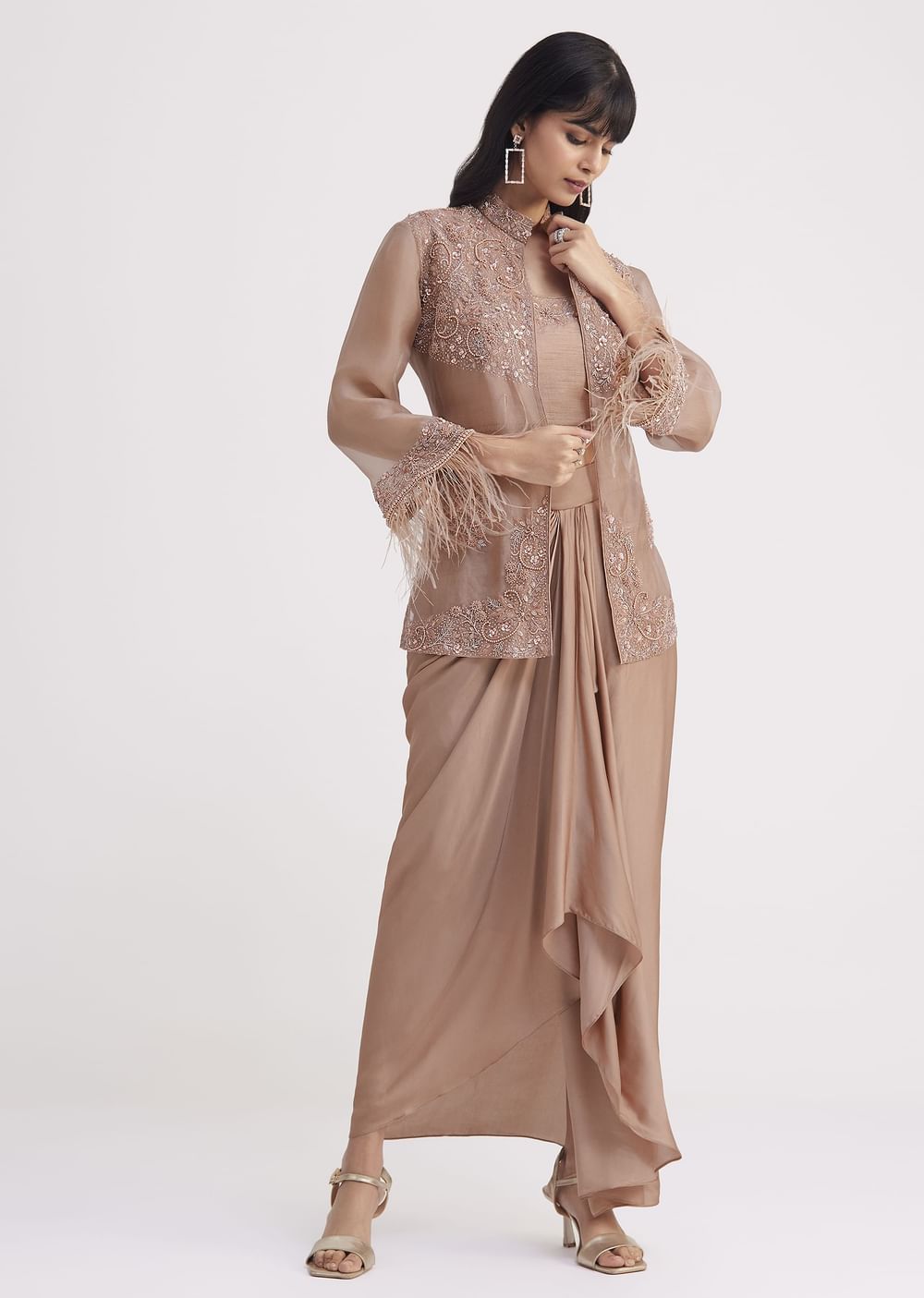 Hazelnut Beige Crop Top And Skirt With Embroidered Jacket