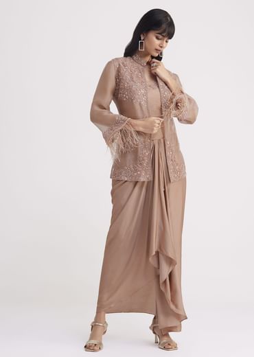 Hazelnut Beige Crop Top And Skirt With Embroidered Jacket