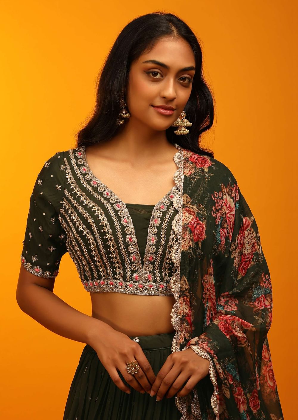 Henna Green Lehenga Choli With Zari Embroidery And Floral Printed Dupatta