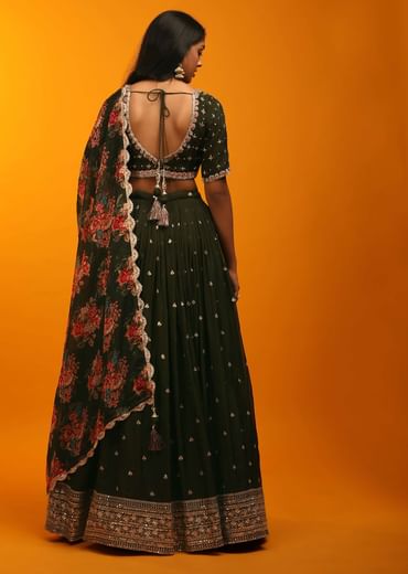 Henna Green Lehenga Choli With Zari Embroidery And Floral Printed Dupatta