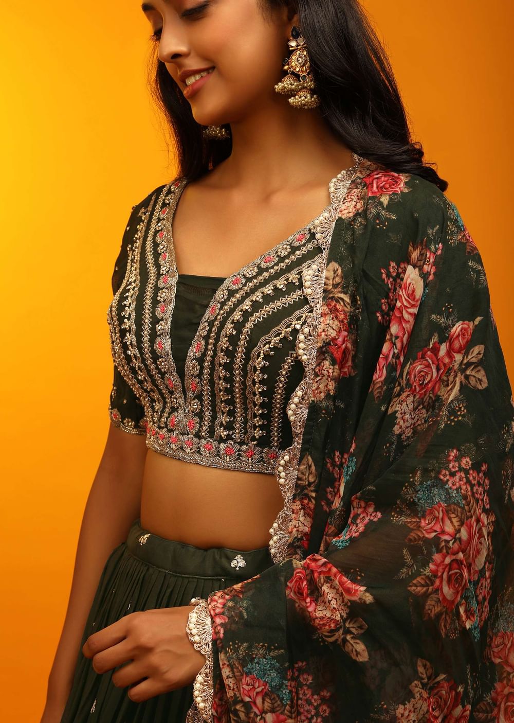 Henna Green Lehenga Choli With Zari Embroidery And Floral Printed Dupatta