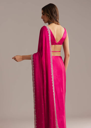 Hot Pink Chinon Saree With Stone And Sequin Embroidery