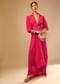 Hot Pink Dress With A Chunky Embroidered Bishop Sleeves And Collar Neckline
