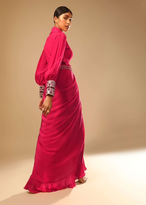 Hot Pink Dress With A Chunky Embroidered Bishop Sleeves And Collar Neckline