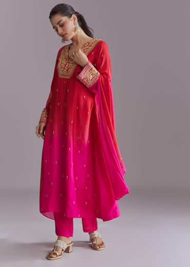 Hot Pink Ombre Silk Kurta Set With Zari Embroidery