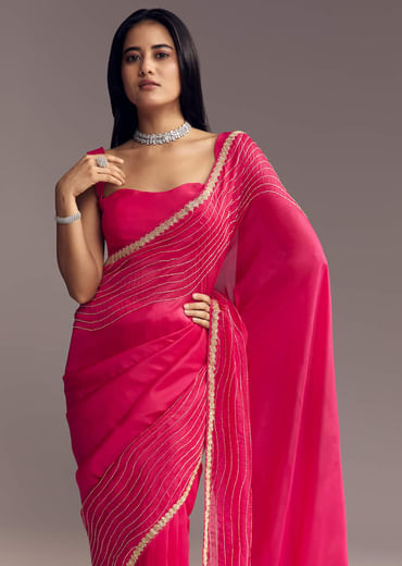 Hot Pink Organza Saree With Stone And Cut Dana Work