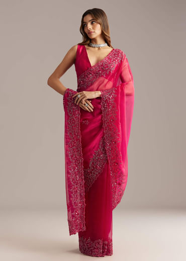 Hot Pink Organza Saree With Stone And Cutdana Embroidery