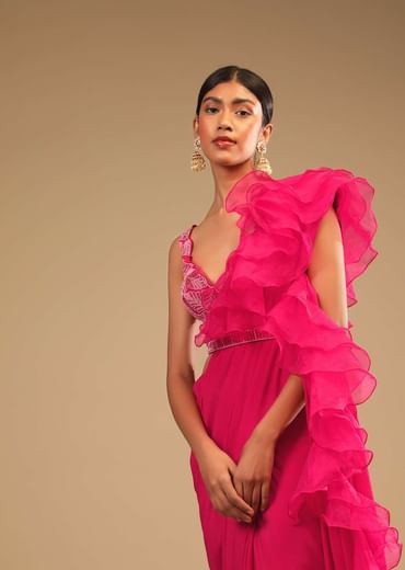 Hot Pink Readymade Saree In Crepe With Ruffle Frill On The Pallu And Beads Embroidered Crop Top And Belt