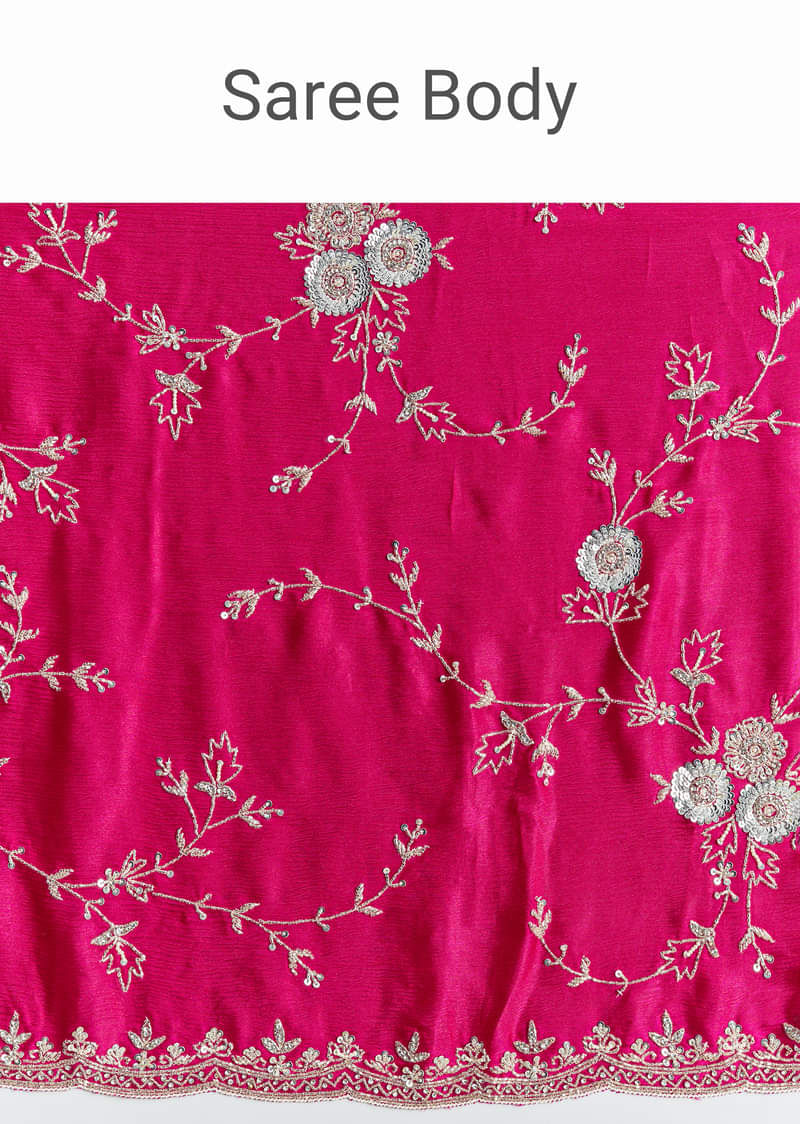 Hot Pink Satin Saree With All Over Jaal Embroidery In Cutdana And Sequins