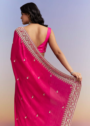 Hot Pink Satin Saree With Heavy Hand Embroidery