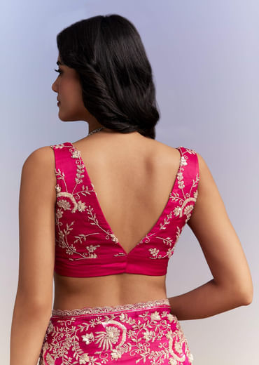Hot Pink Satin Saree With Heavy Hand Work