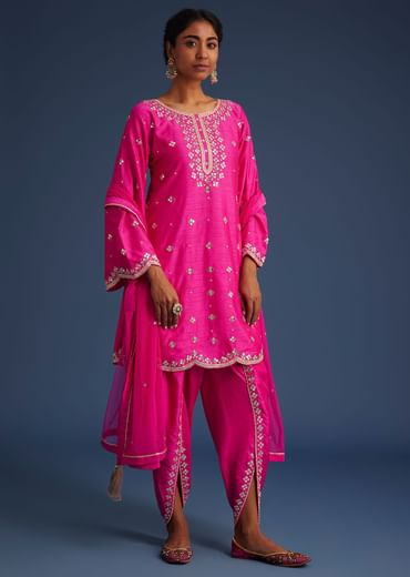 Hot Pink Silk Embroidered Kurta Dhoti Set
