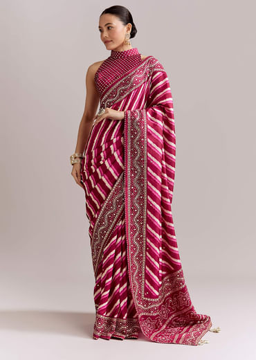 Hot Pink Silk Printed Saree With Lehariya And Bandhani Gota Border