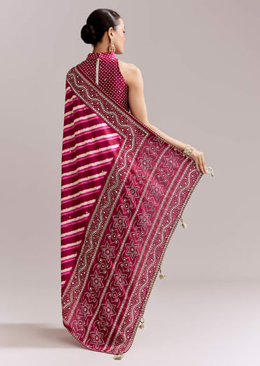 Hot Pink Silk Printed Saree With Lehariya And Bandhani Gota Border