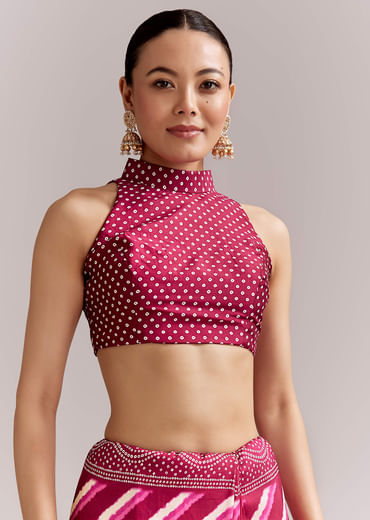 Hot Pink Silk Printed Saree With Lehariya And Bandhani Gota Border