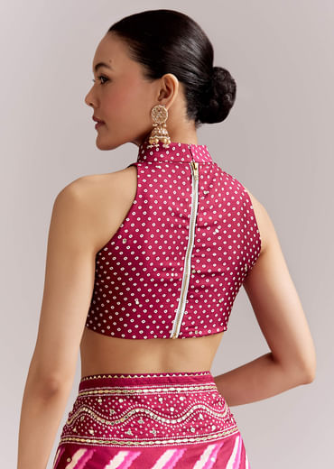Hot Pink Silk Printed Saree With Lehariya And Bandhani Gota Border