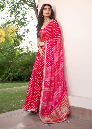 Hot Pink Lehariya Saree In Gota Patti Work With Unstitched Blouse