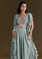 Ice Blue Crepe Croptop And Palazzo Set With Ruffled Jacket