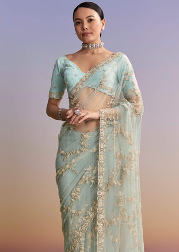 Ice Blue Net Embroidered Saree With Cutdana And Bead Work
