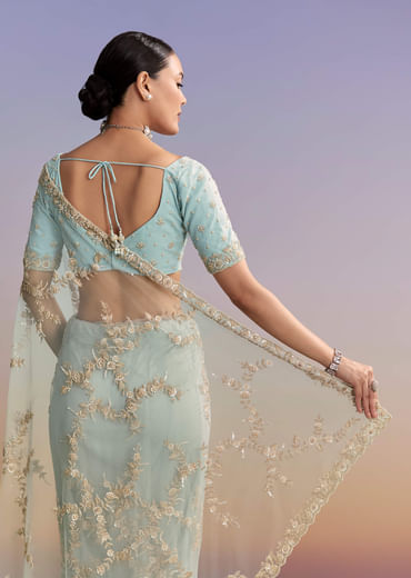 Ice Blue Net Embroidered Saree With Cutdana And Bead Work
