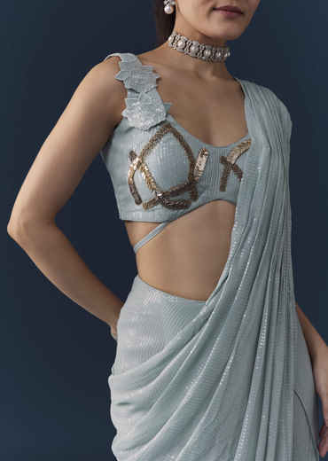 Ice Blue Pre Pleated Saree with Sequin Embellished Blouse