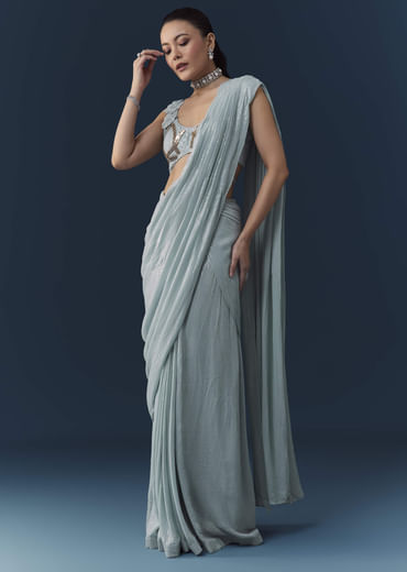 Ice Blue Pre Pleated Saree with Sequin Embellished Blouse