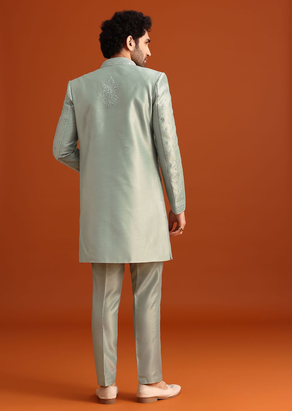 Ice Blue Cotton Silk Embroidered Sherwani Set